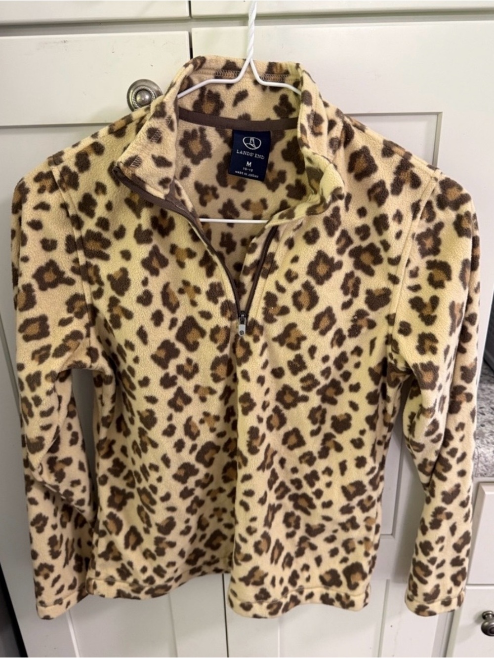 Lands' End Leopard-Print Quarter Zip Fleece - Cream & Brown